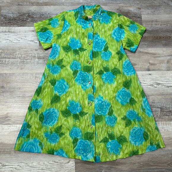 Vintage 1970s Saramae Floral Button Down House Dress Green Blue - Picture 1 of 9